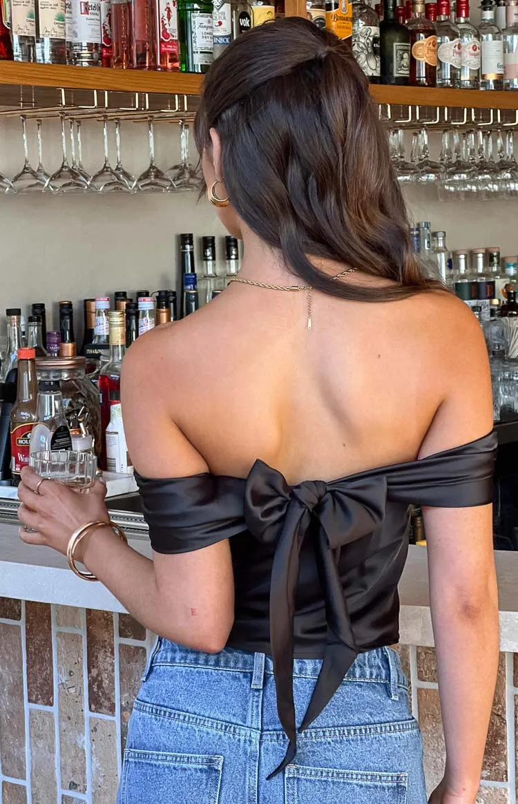 Primrose Black Satin Off the Shoulder Crop Top