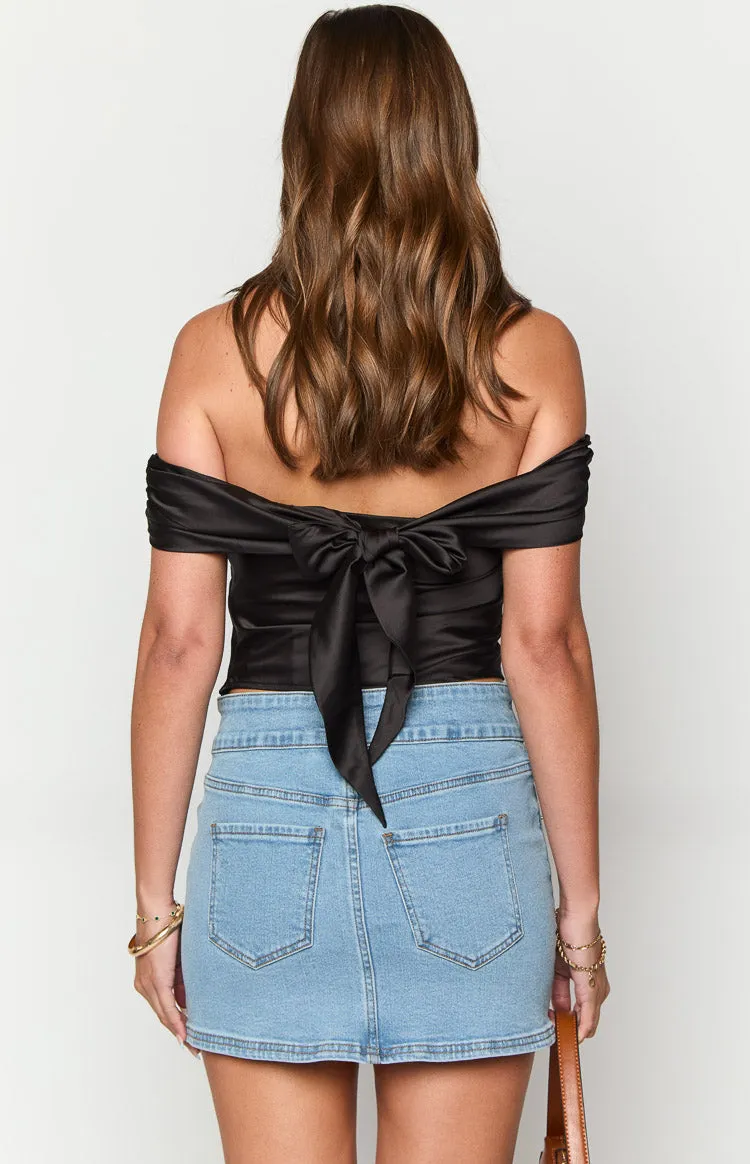 Primrose Black Satin Off the Shoulder Crop Top