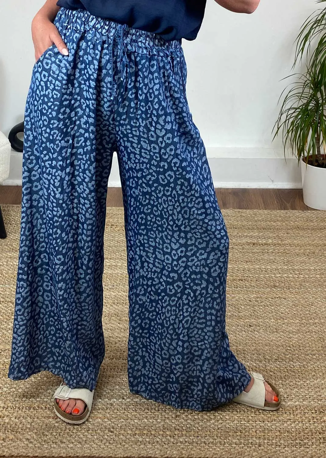 Rae Chambray Denim Leopard Pants in Dark Indigo