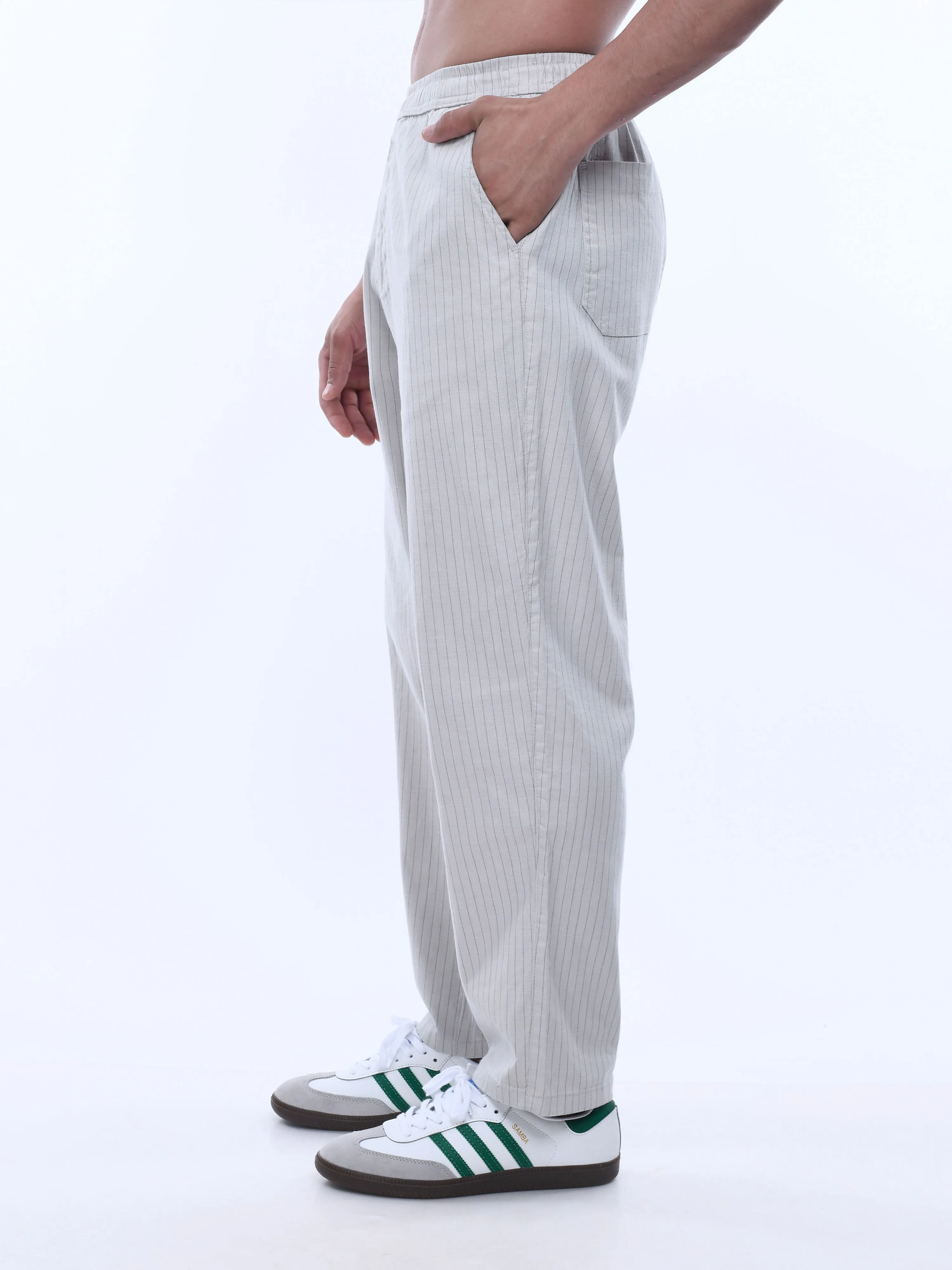 Relaxed Striped Light Grey Cotton Pants