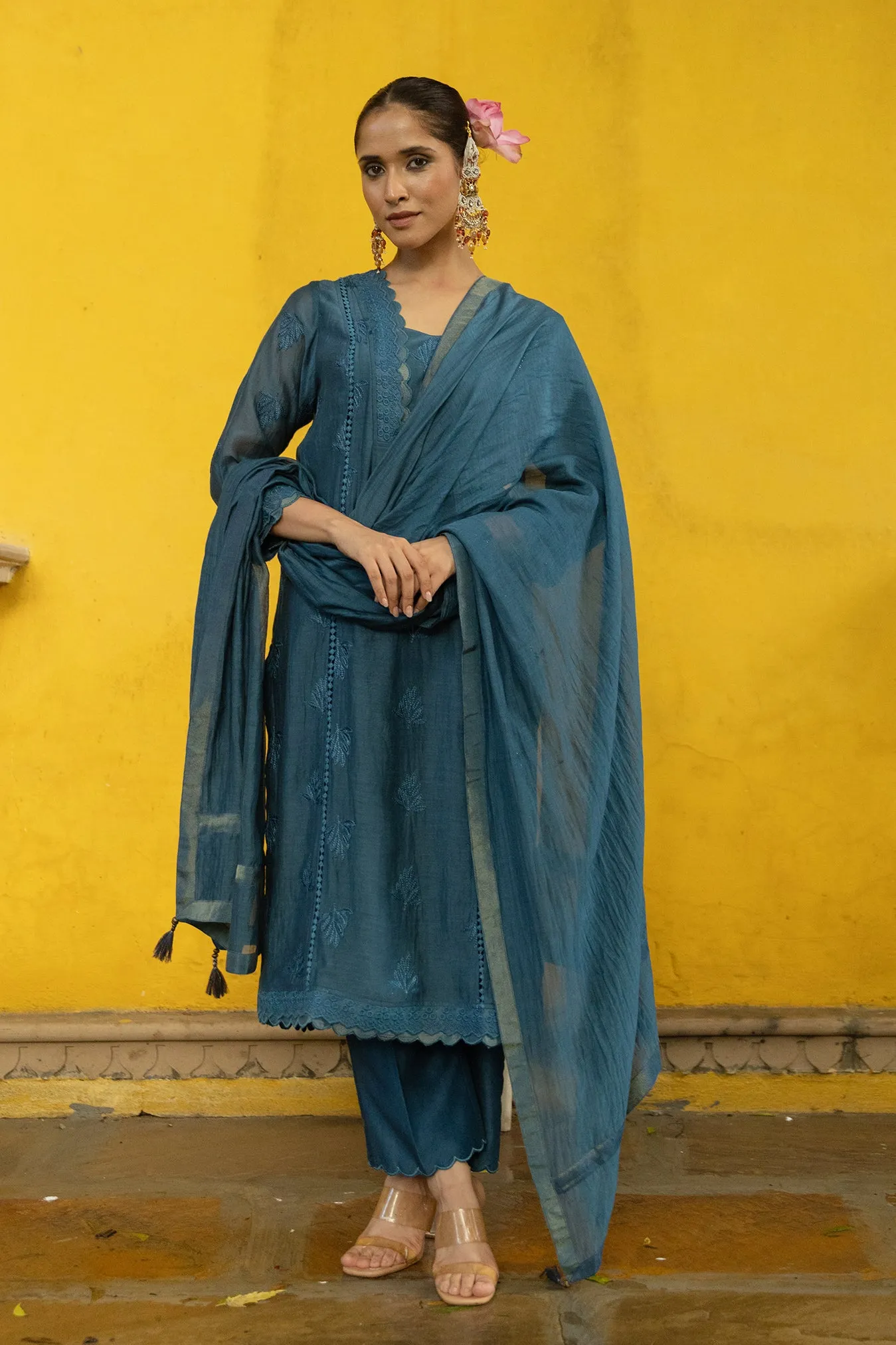 Soft Chanderi Embroidered Suit with scalloped Neck