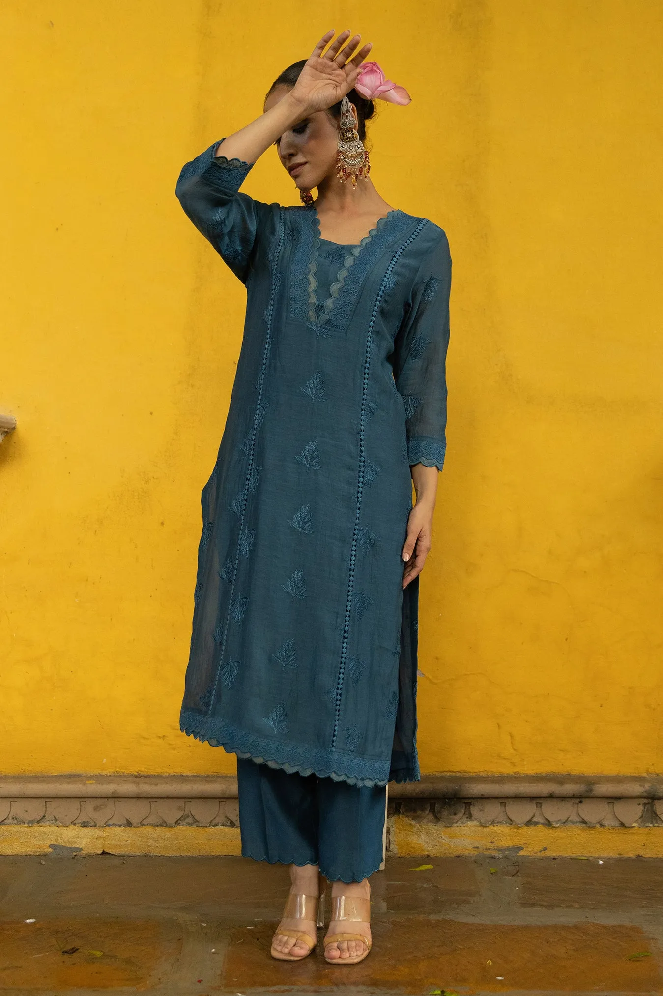 Soft Chanderi Embroidered Suit with scalloped Neck