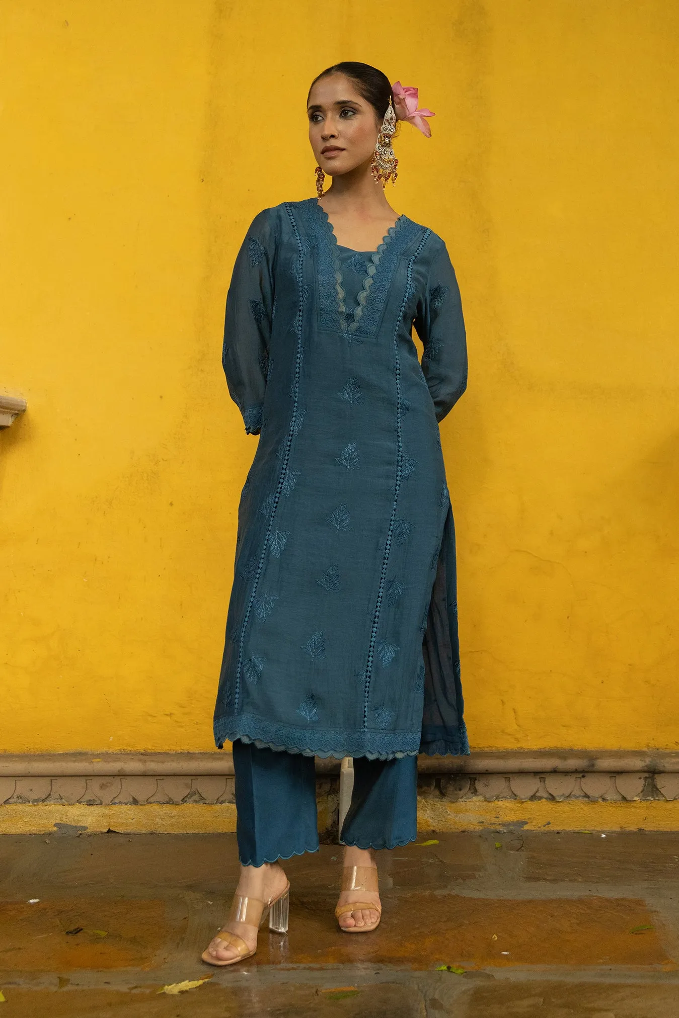 Soft Chanderi Embroidered Suit with scalloped Neck