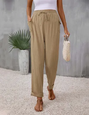 Solid-color Belted Pocket Loose Long Pants