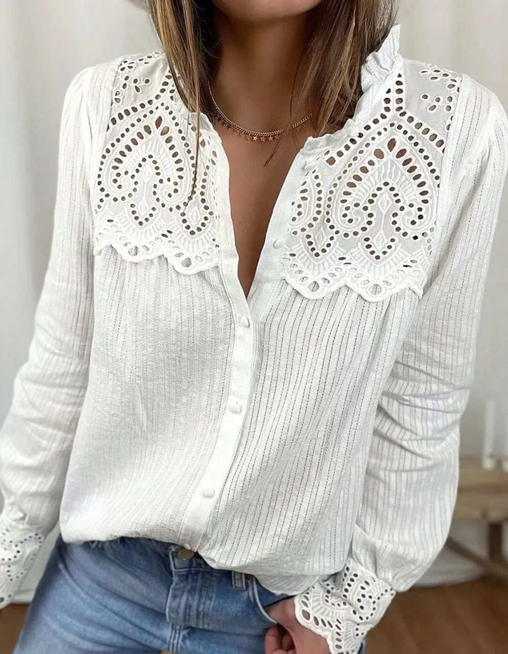 Solid-color Cardigan Lace Stitching Long Sleeve Shirt