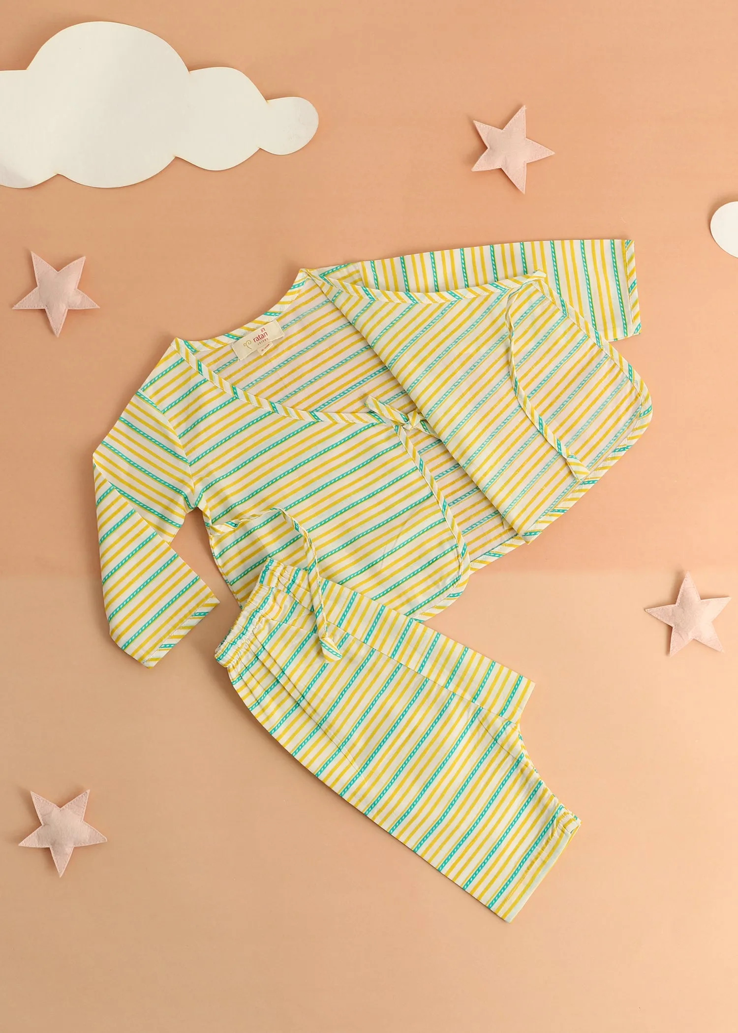 Stripes Green Cotton Angrakha Unisex Nightsuit Baby (3-12 months)