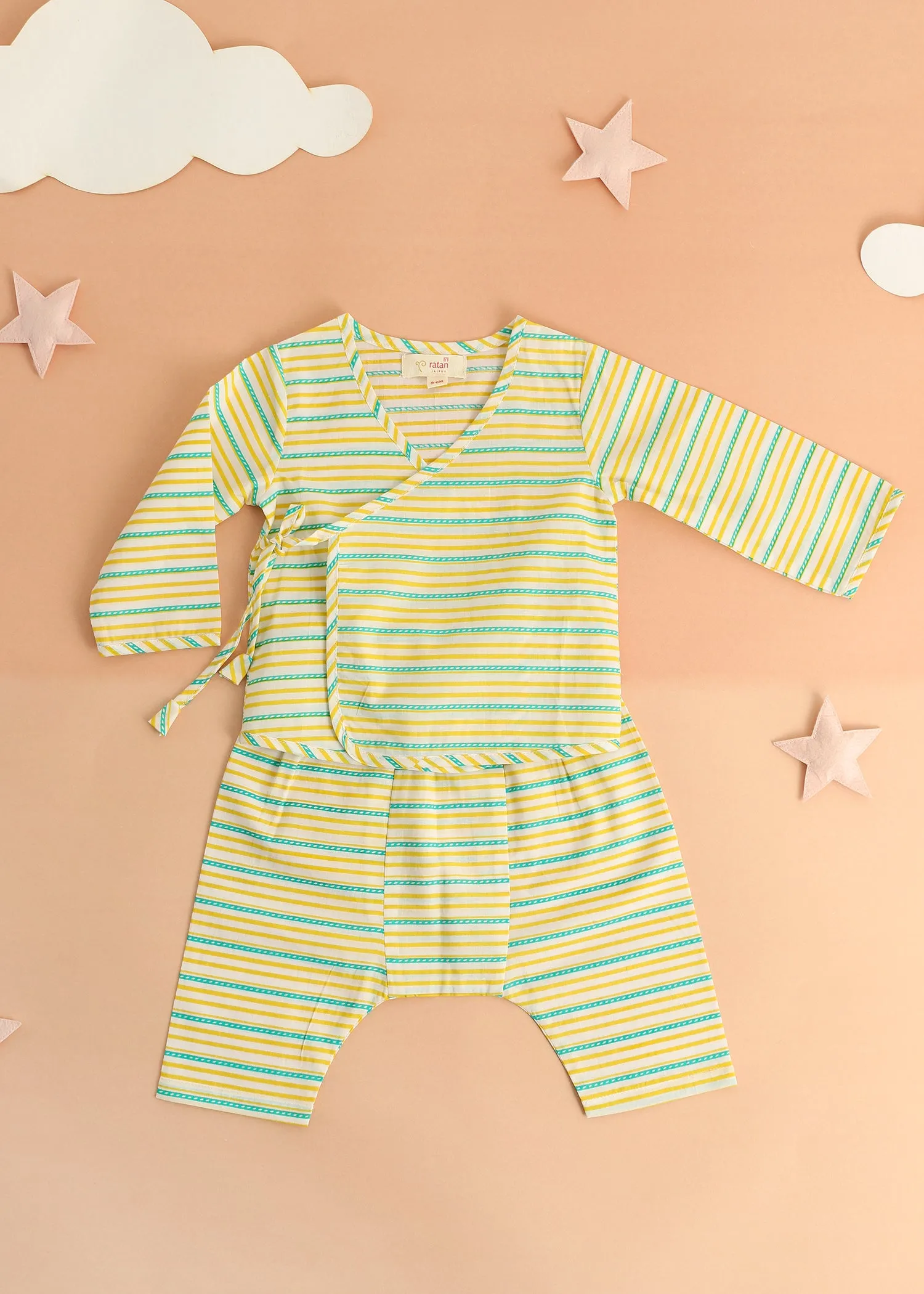 Stripes Green Cotton Angrakha Unisex Nightsuit Baby (3-12 months)