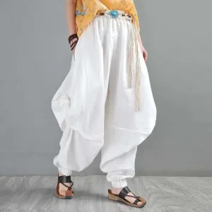 Stylish Bohemian Linen White Harem Pants for Women's Summer