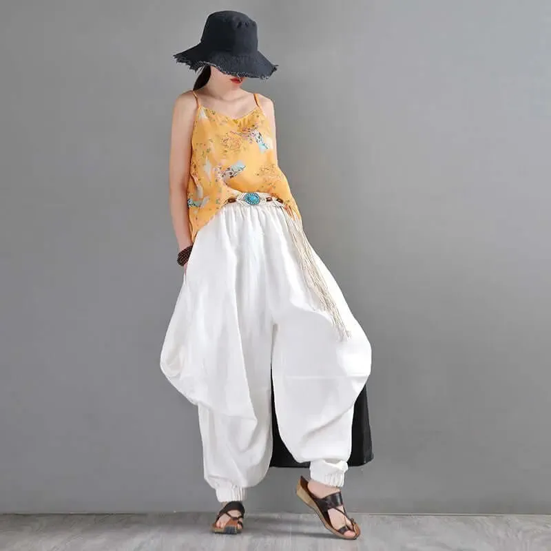 Stylish Bohemian Linen White Harem Pants for Women's Summer