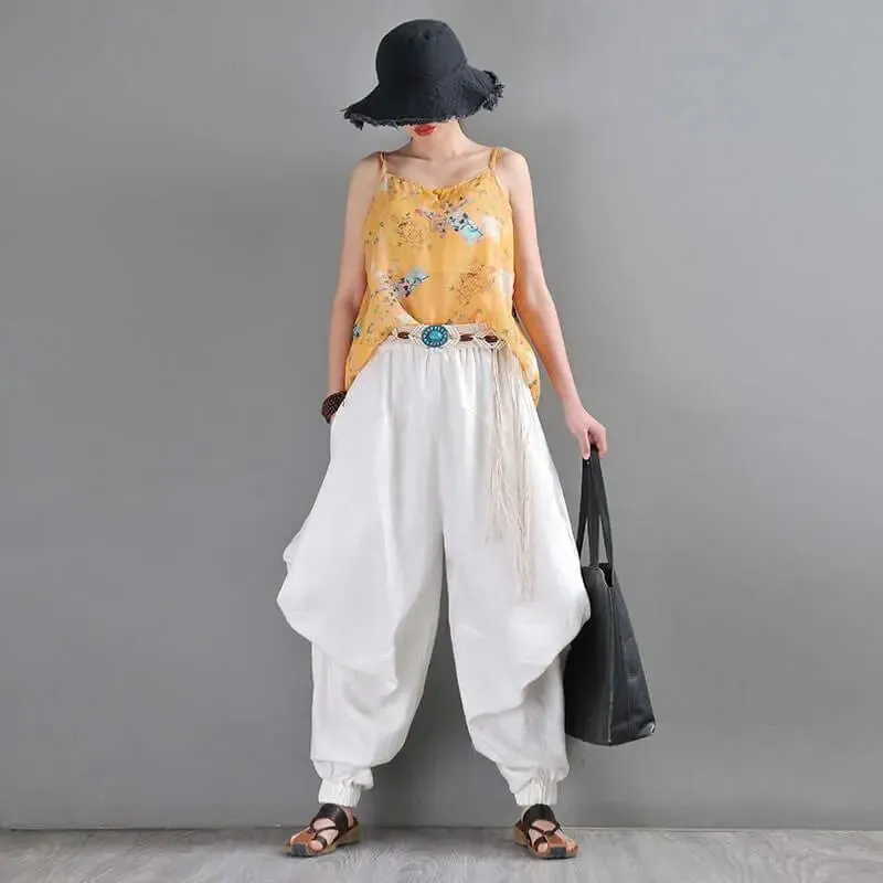 Stylish Bohemian Linen White Harem Pants for Women's Summer