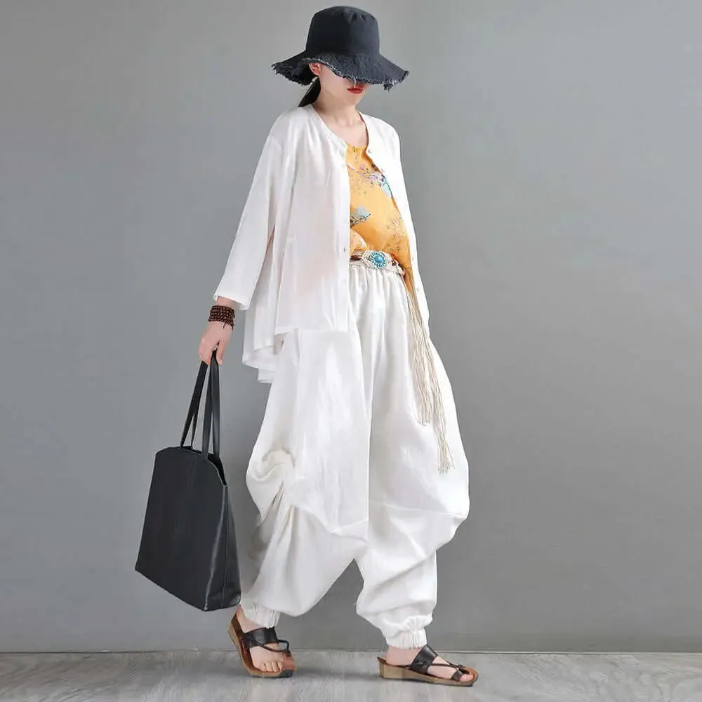 Stylish Bohemian Linen White Harem Pants for Women's Summer