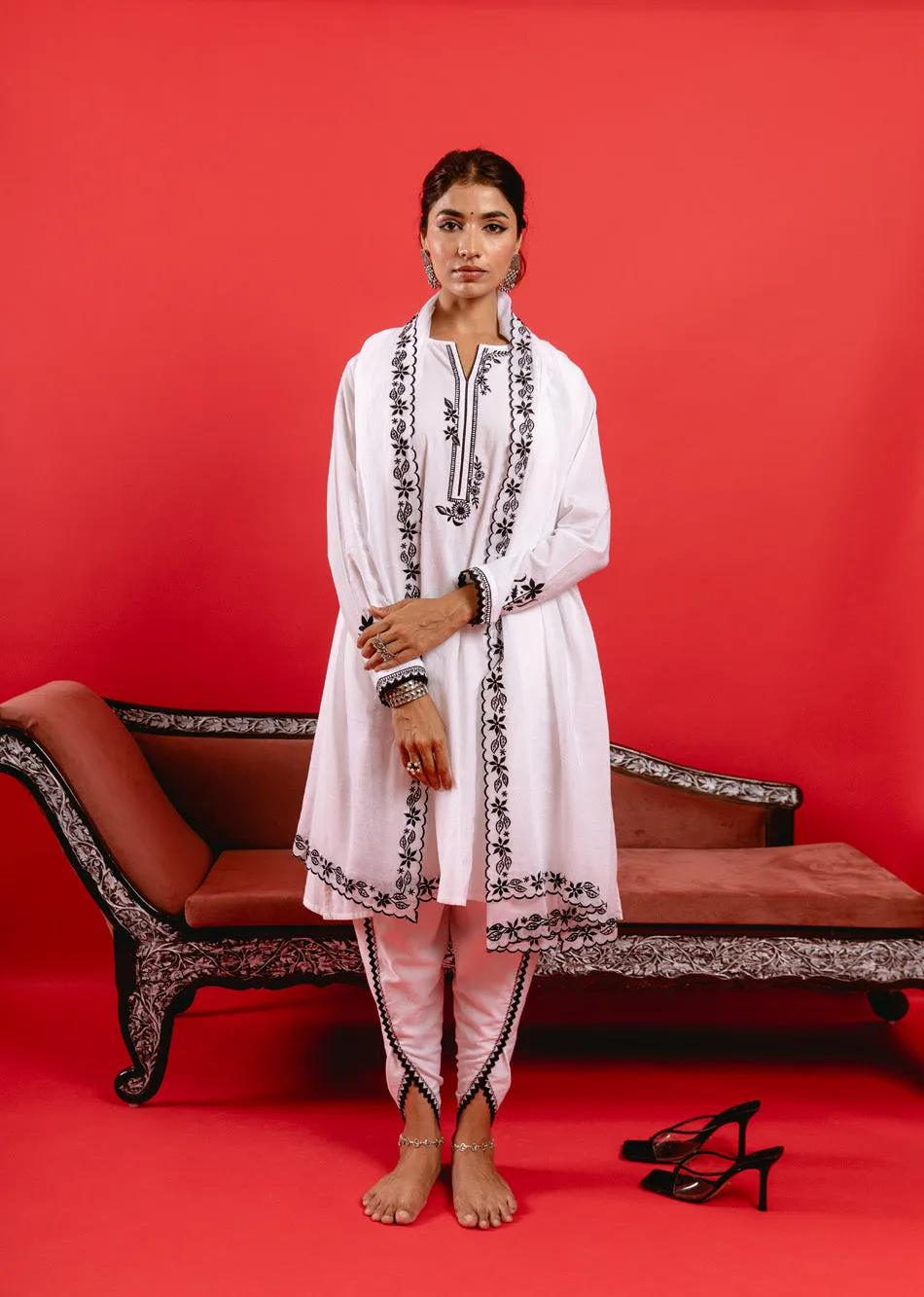 Swan White Cotton Kurta with Tulip Pants & Dupatta