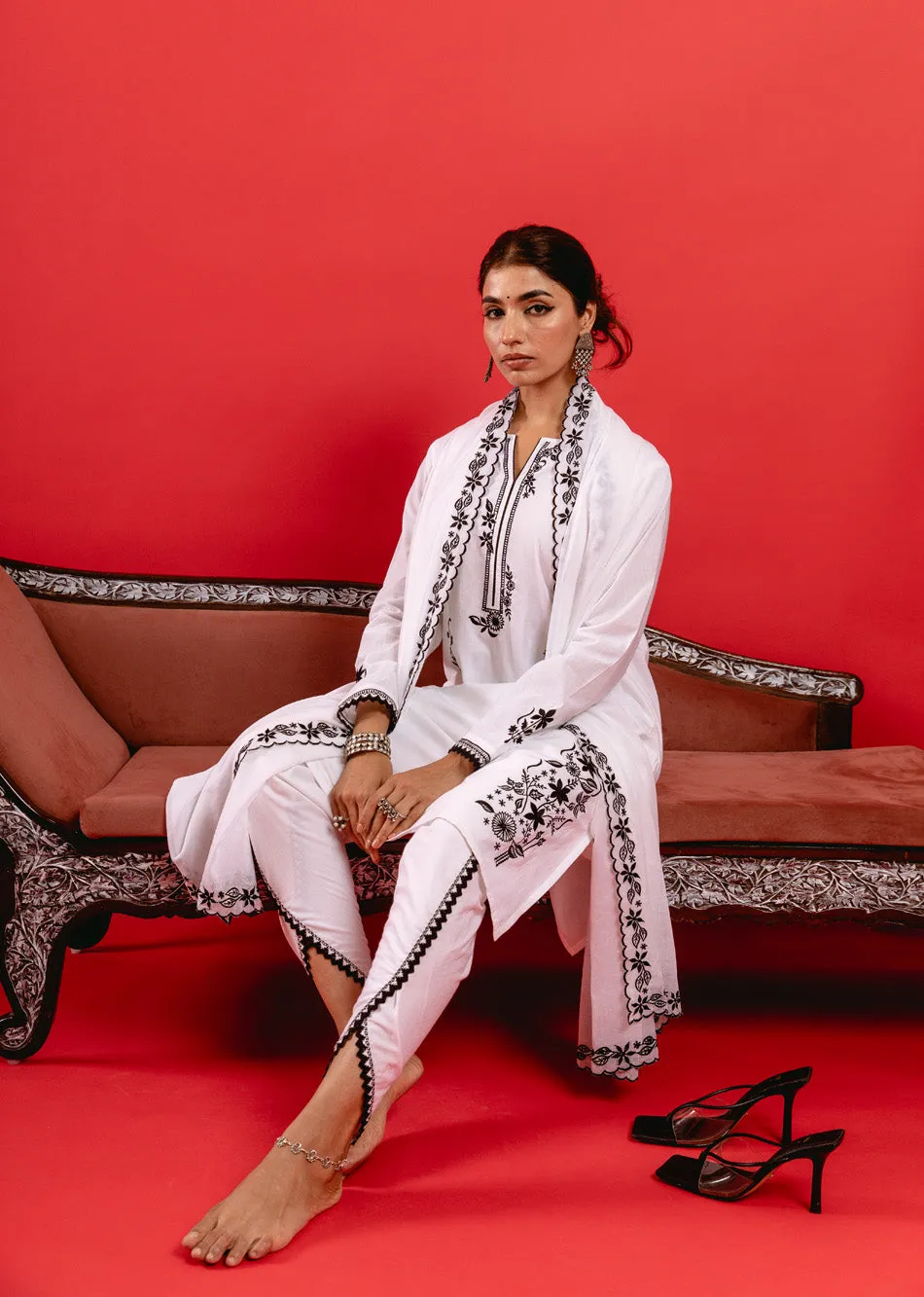 Swan White Cotton Kurta with Tulip Pants & Dupatta