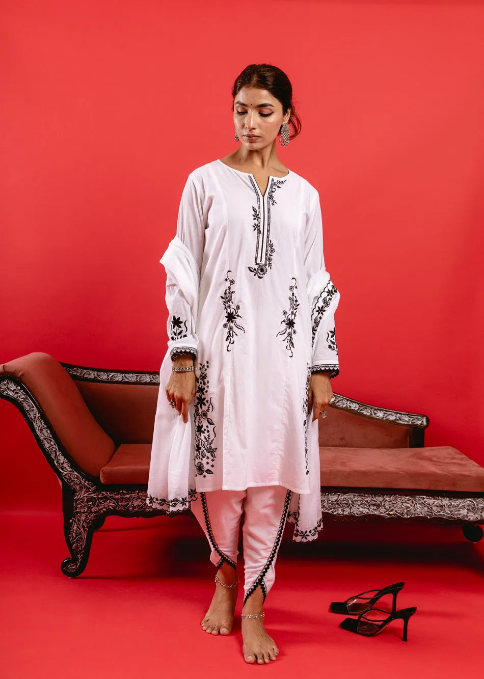 Swan White Cotton Kurta with Tulip Pants & Dupatta