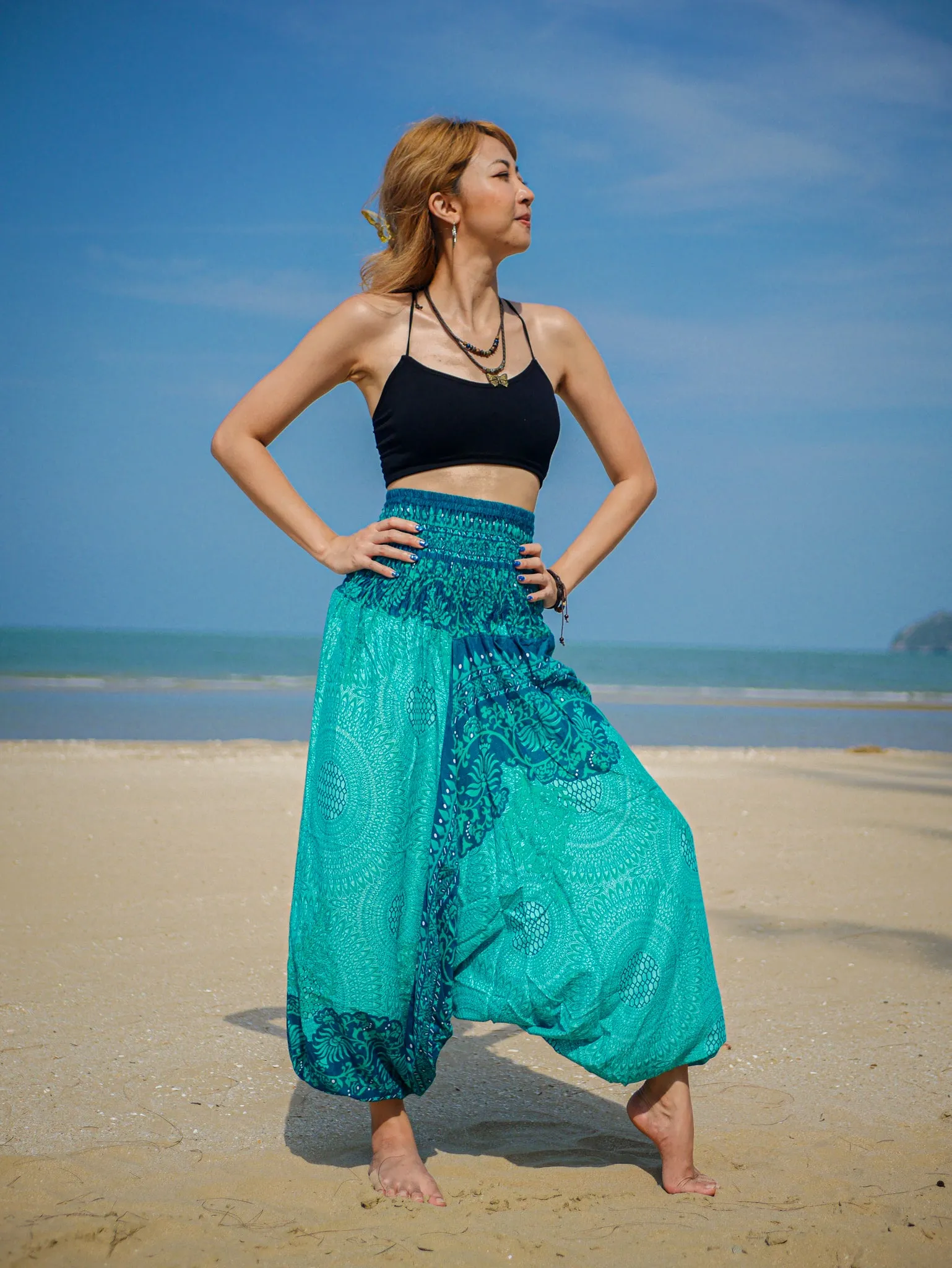 Teal Green Mandala Low Cut Harem Pants