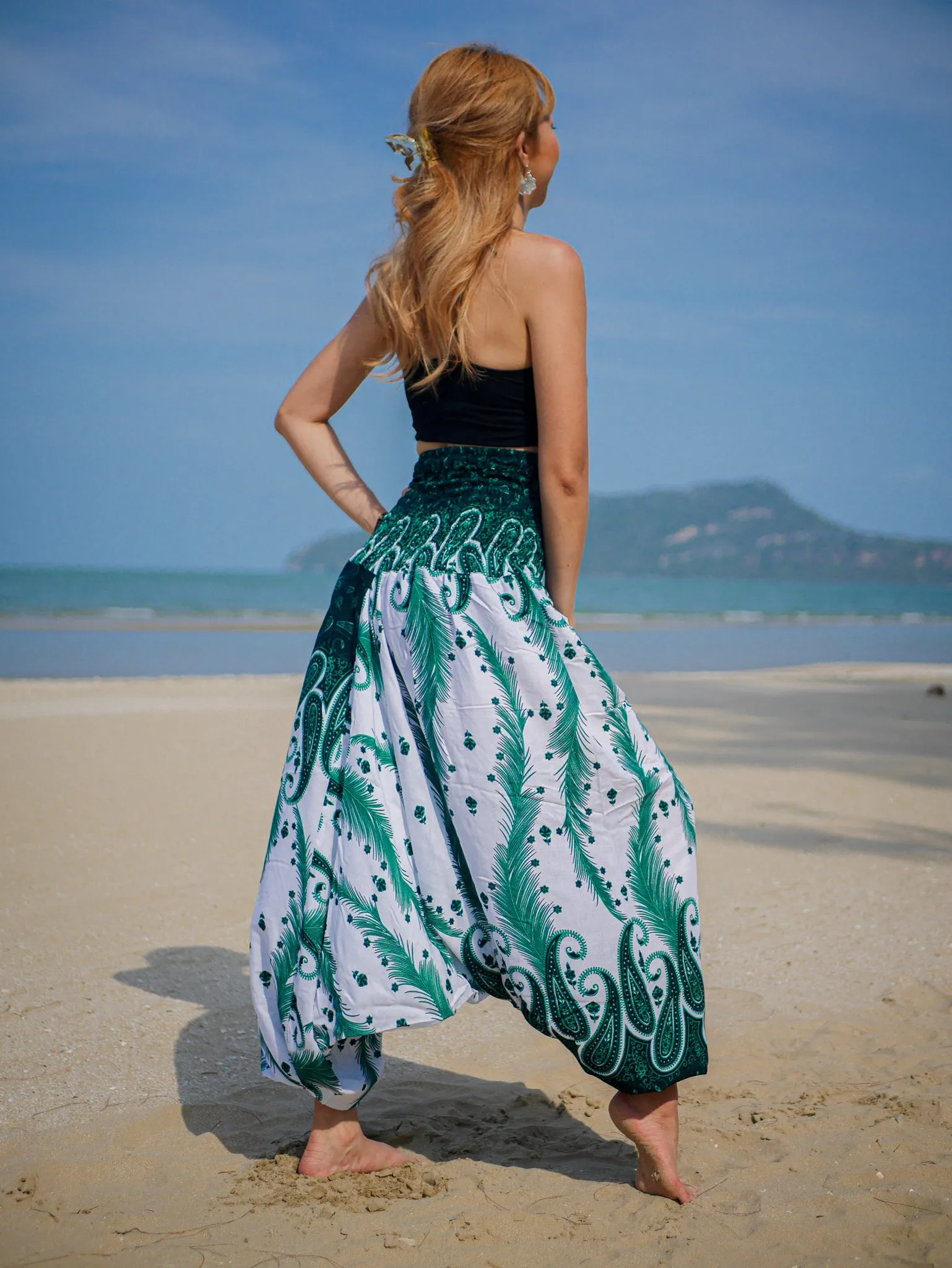 Teal Wild Peacock Mandala Low Cut Harem Pants