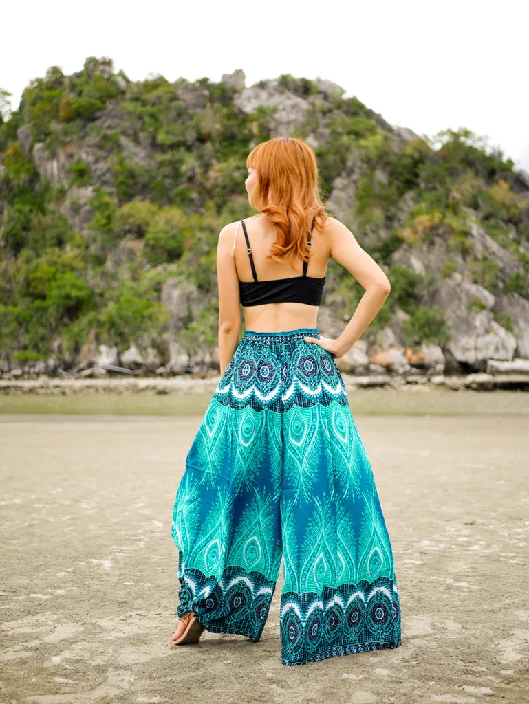 Turquoise Peacock Wide Leg Palazzo Pants