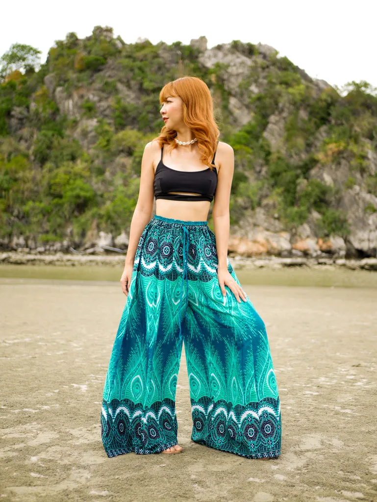 Turquoise Peacock Wide Leg Palazzo Pants