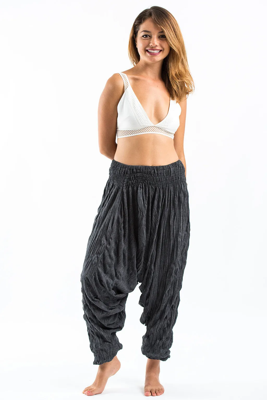 Unisex Crinkled Cotton Harem Pants in Black