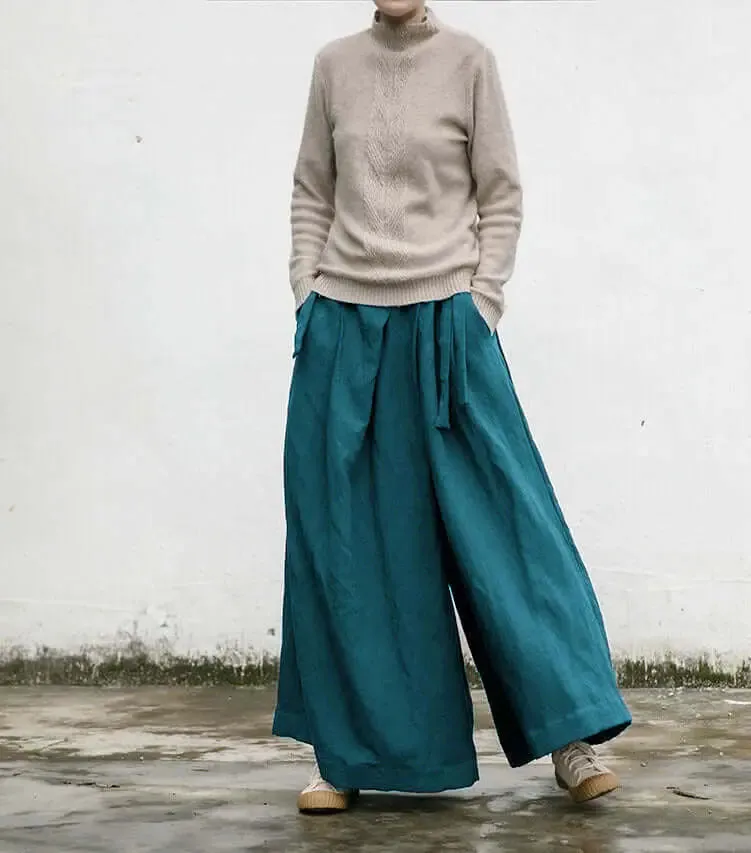 Versatile Bohemian Linen Culottes  Mid-Waist Wide-Leg Pants