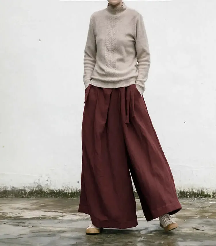 Versatile Bohemian Linen Culottes  Mid-Waist Wide-Leg Pants