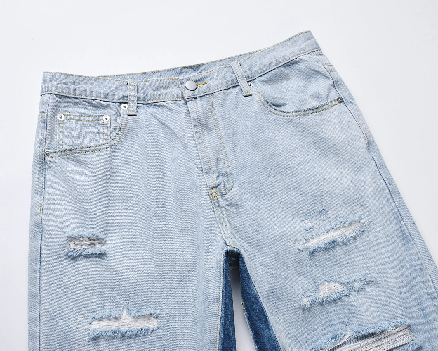 Washed Light Blue Hole Ripped Male Denim Jeans