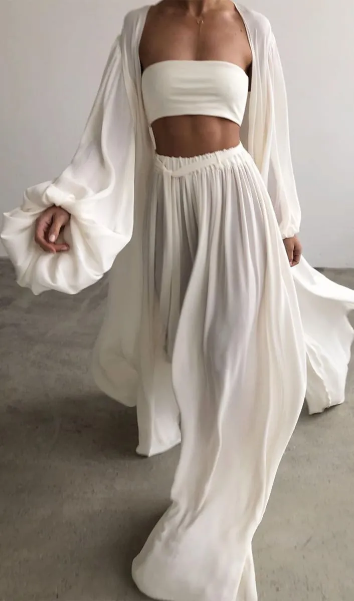 White Wide Leg Palazzo Pants And Beach Kimono Set