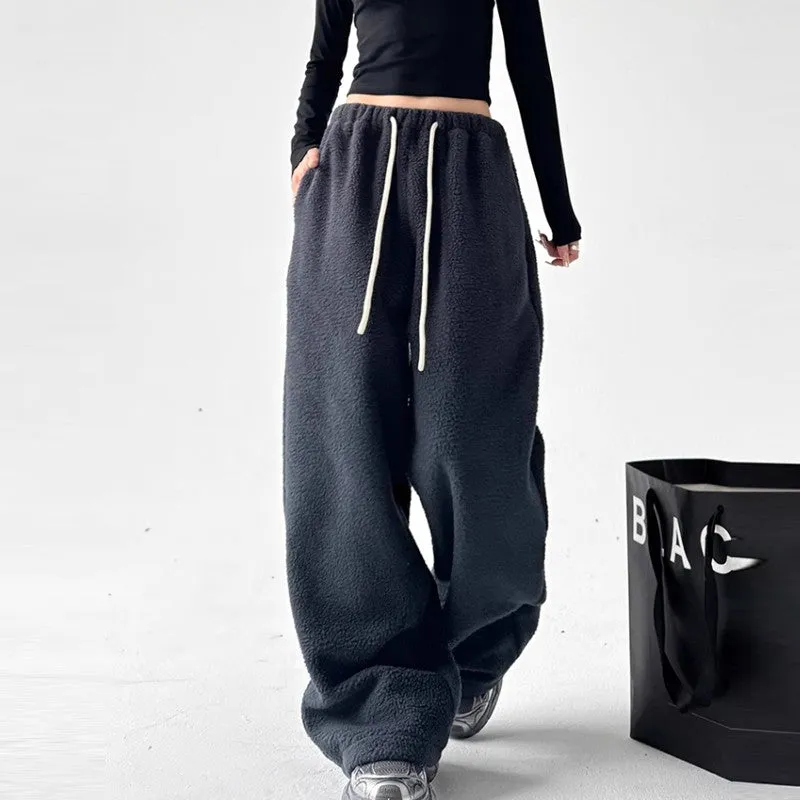 Women casual polar fleece pants winter high waist loose warm pants