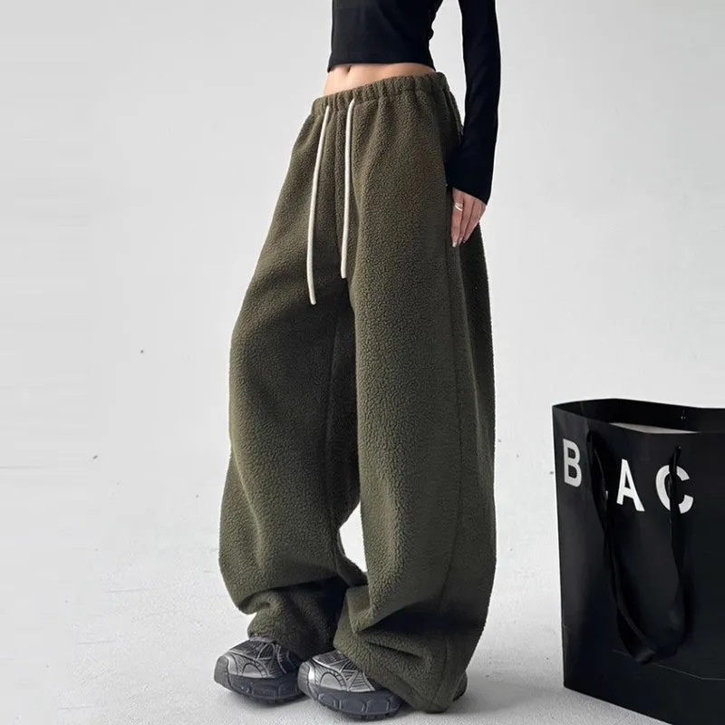 Women casual polar fleece pants winter high waist loose warm pants