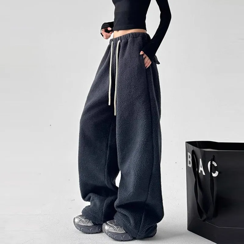 Women casual polar fleece pants winter high waist loose warm pants