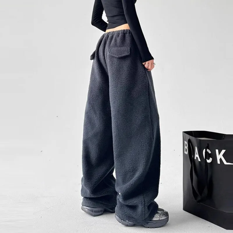 Women casual polar fleece pants winter high waist loose warm pants