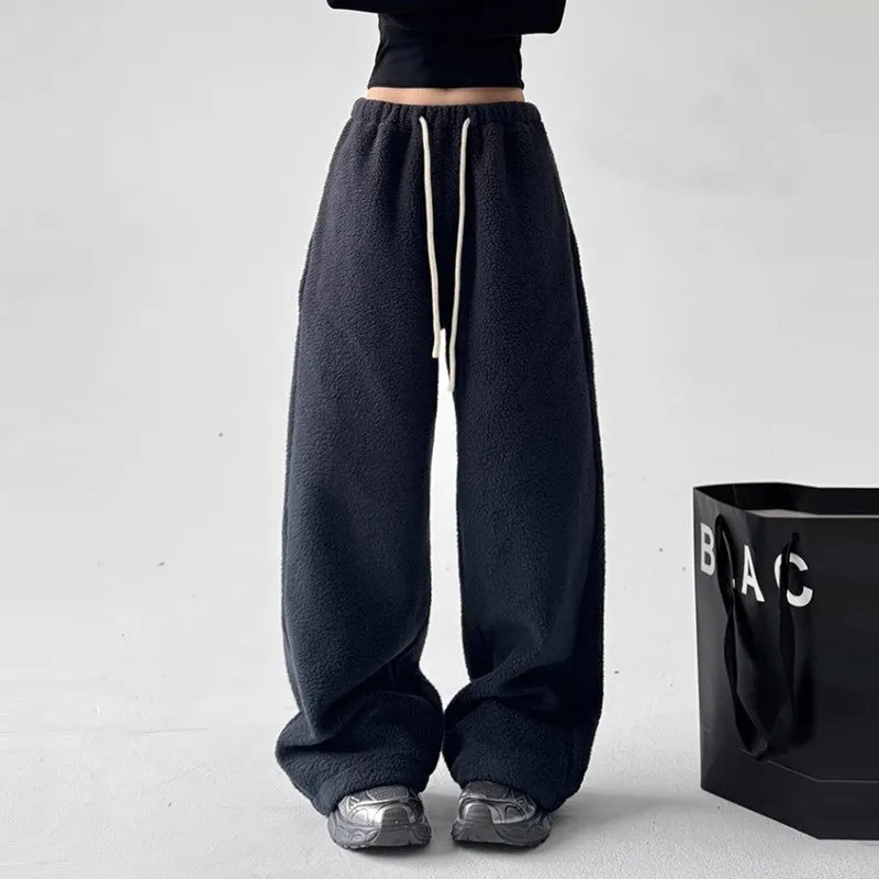 Women casual polar fleece pants winter high waist loose warm pants