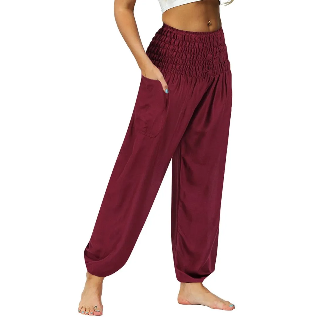 Women Red Hippie Harem Trousers, Plain Elasticated Waist Bottoms Boho Lounge Yoga Pants- S