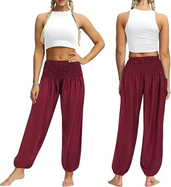 Women Red Hippie Harem Trousers, Plain Elasticated Waist Bottoms Boho Lounge Yoga Pants- S