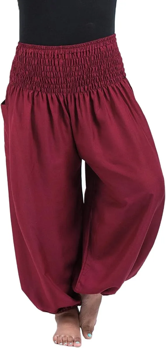 Women Red Hippie Harem Trousers, Plain Elasticated Waist Bottoms Boho Lounge Yoga Pants- S