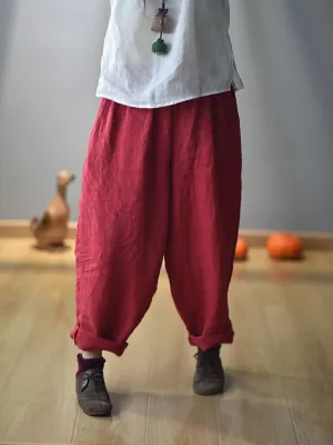 Women Vintage Spring Linen Solid Harem Pants FD040