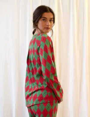 Women's Loose Fit Red & Green Argyle Pajamas