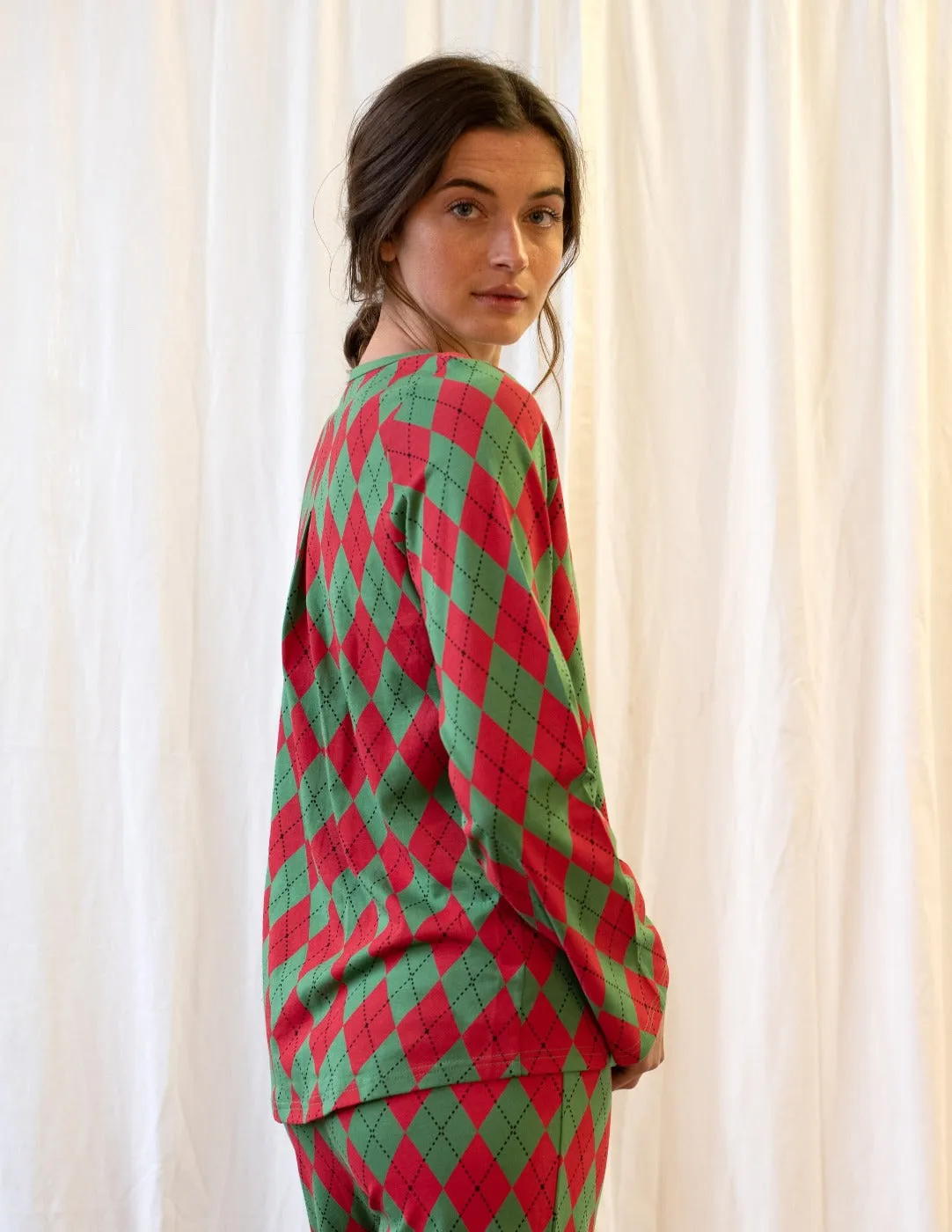 Women's Loose Fit Red & Green Argyle Pajamas