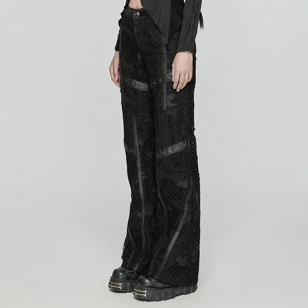 Women's Punk Ripped Mesh Denim Pants